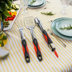 Set 3 ustensile pentru gratar Klausberg BBQ KB 7899, Cleste, Furculita, Spatula, Orificiu de agatat, Otel inoxidabil, Negru/Rosu