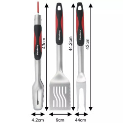 Klausberg KB 7899 3-Piece BBQ Set: Tongs, Fork, Spatula, Hanging Loop, Stainless Steel, Black/Red