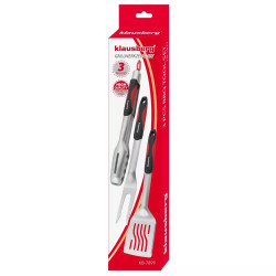 Set 3 ustensile pentru gratar Klausberg BBQ KB 7899, Cleste, Furculita, Spatula, Orificiu de agatat, Otel inoxidabil, Negru/Rosu