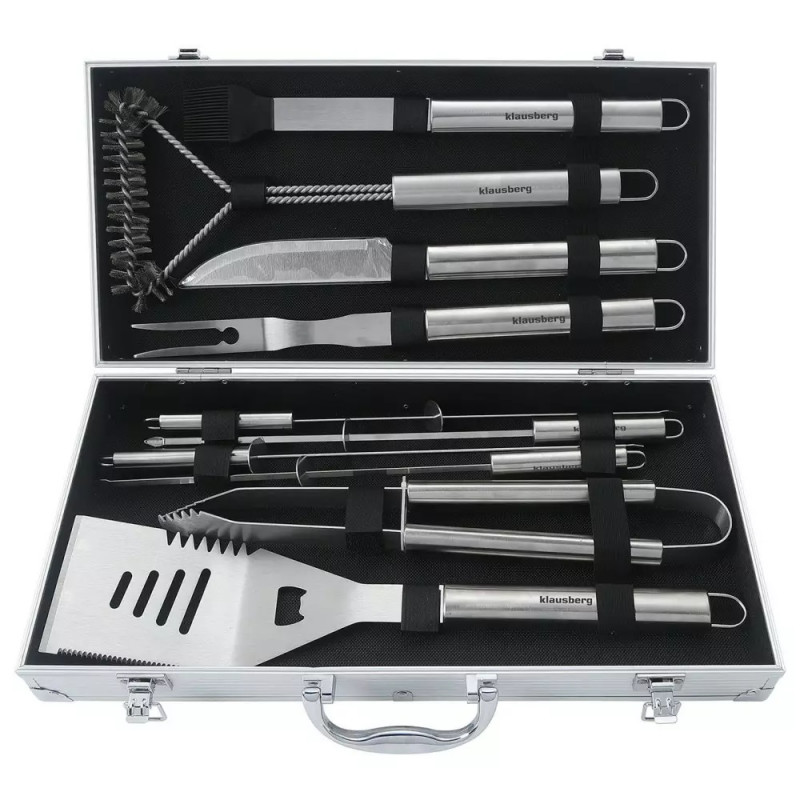 Set de 11 ustensile de grătar Klausberg KB 7901, Geantă de transport, Mânere ergonomice, Oțel inoxidabil, Inox