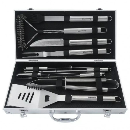 Set de 11 ustensile de grătar Klausberg KB 7901, Geantă de transport, Mânere ergonomice, Oțel inoxidabil, Inox