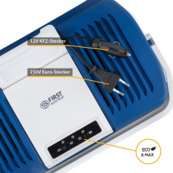 Електрическа хладилна кутия First Austria FA-5170-4-BU, 58W, 24 л, Клас Е, 2 режима, Вътрешен разделител, 12/220/240 V, Син/бял