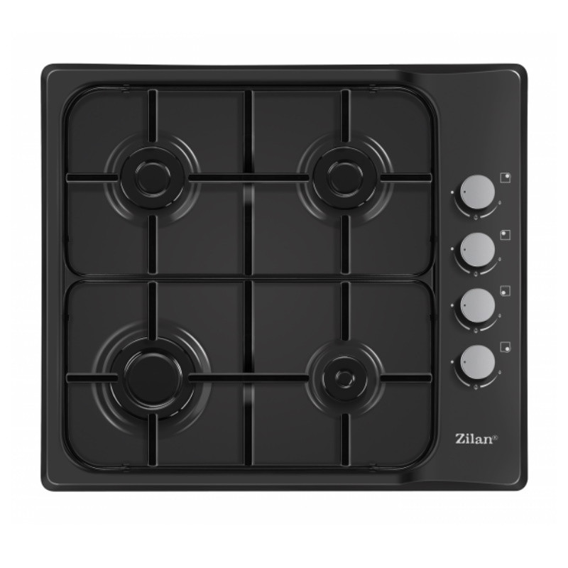 Zilan ZLN 0034 Built-in Cooktop, 4 Gas Burners, 7.35 kW, Propane-Butane or Natural Gas, 60 x 50 cm, Cast Iron Grates, Gas Leak Protection, Black
