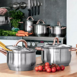 Комплект тенджери и тиган Kinghoff KH 1765, 12 ч, Индукция, Инокс/розово злато