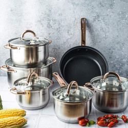 Комплект тенджери и тиган Kinghoff KH 1765, 12 ч, Индукция, Инокс/розово злато