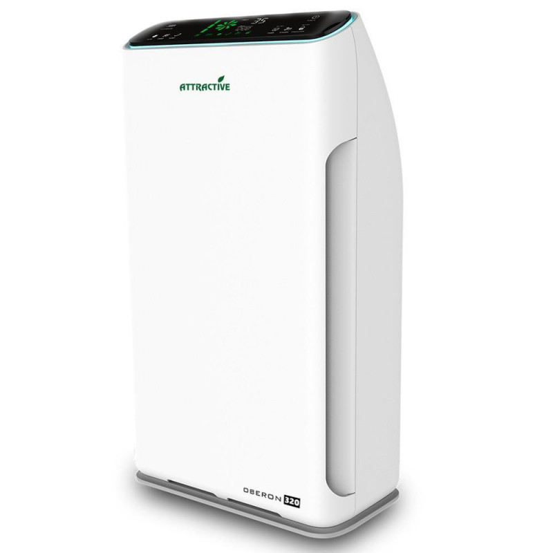 Пречиствател за въздух Attractive Oberon 320, 80W, За до 60 м2, 320 м3/ч, 3 скорости, Wi-Fi, Йонизация, Интелигентни сензори, Дистанционно, Тъчскрийн, Бял/черен