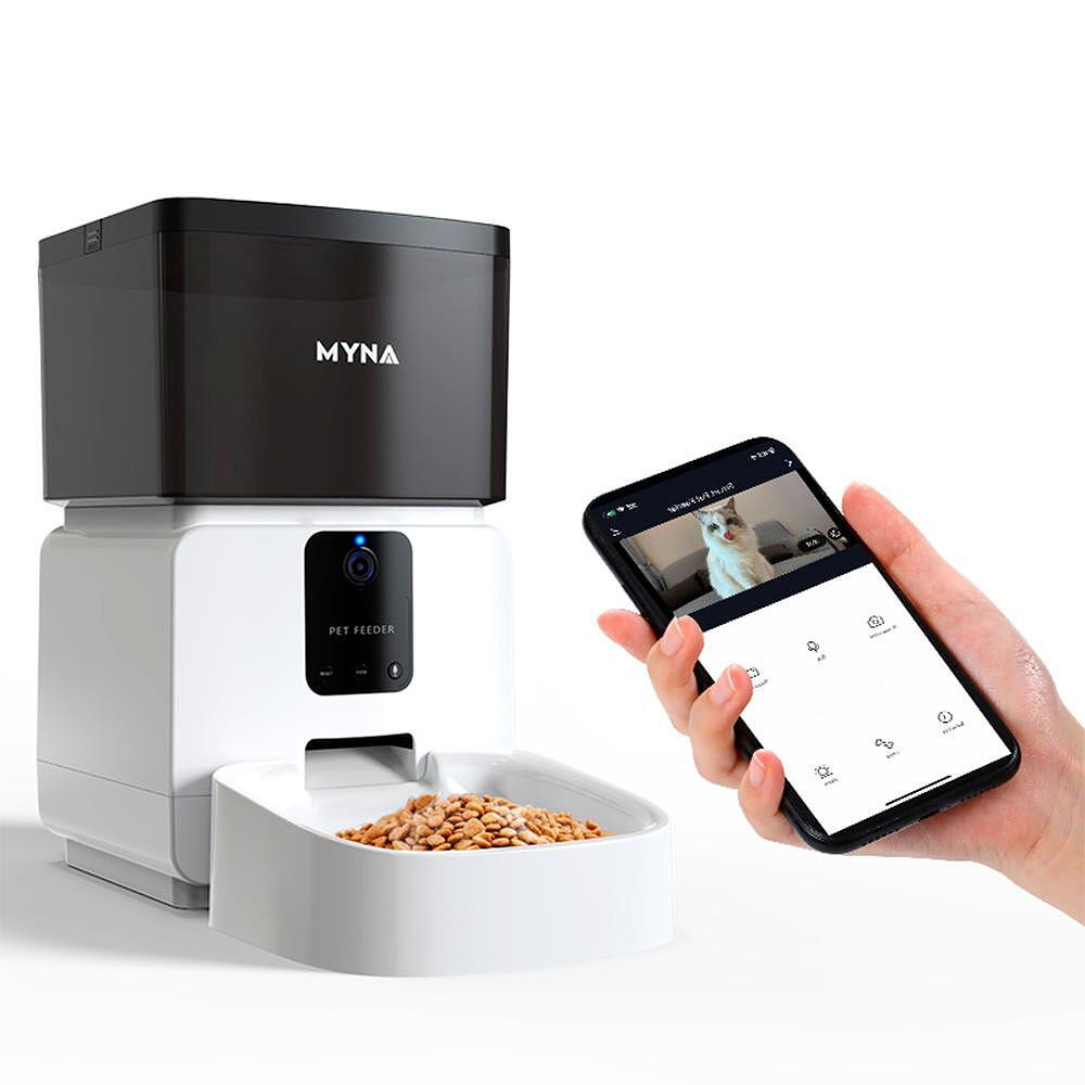 Dozator automat SMART granule pentru caini si pisici MYNA, 5 l, Camera, Aplicatie Wi-Fi, Blocare buton, Mancare uscata, Alb/Negru
