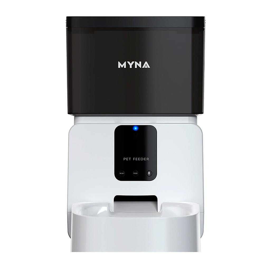 Автоматичен диспенсър за храна за кучета и котки MYNA, 5 л, WiFi приложение, Заключване на бутони, Суха храна, Бял/черен
