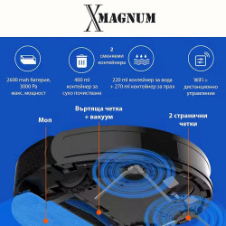 Прахосмукачка робот MAGNUM X, 40 W, 3000 Pa, Сухо и мокро почистване, 3-степенна филтрация, Wi-Fi, Функция График, Черен