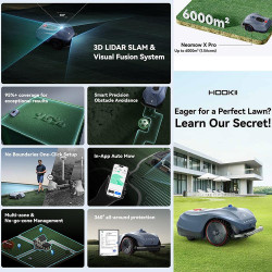 HOOKII Neomow X Pro Robot Lawn Mower, 6,000 m², 4 modes, Operates without a boundary wire or antennas, 60 dB, Wi-Fi, 4G, Bluetooth, 180-minute runtime, Gray