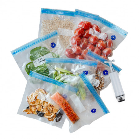 Su-Vid Izibizi Vacuum Sealing and Cooking Bags, 20-pack, 4 sizes, -20 to +95°C, Reusable, BPA-free, Double-sealed, Clear/Blue