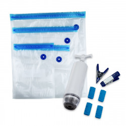 Pungi pentru vidare si gatit Su Tip Izibizi, 20 buc, 4 dimensiuni, -20°C la +95°C, Reutilizabile, Fara BPA, Inchidere etansa dubla, Transparent/Albastru