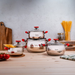 Комплект тенджери Oliver Voltz OV51210N8, 8 части, Индукция, Силиконови дръжки, Инокс/червен