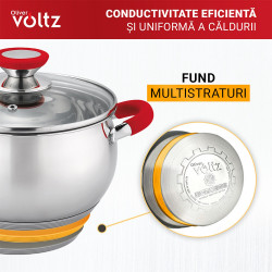 Oala Oliver Voltz OV51210N26 , 26 cm, 7.7 L, Inductie, Manere silicon, Inx/Roşu