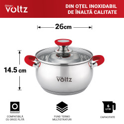 Oala Oliver Voltz OV51210N26 , 26 cm, 7.7 L, Inductie, Manere silicon, Inx/Roşu