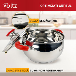 Oala Oliver Voltz OV51210N28, 28 cm, 10.45 L, Inductie, Manere din silicon, Inox/Roşu