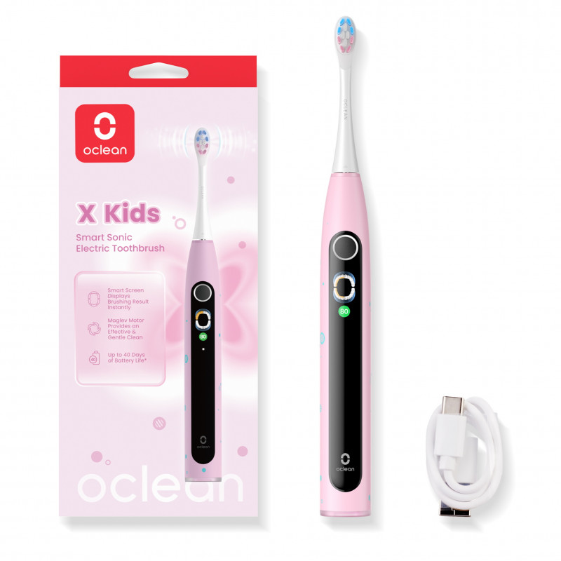 Periuta de dinti electrica Oclean X Kids, 2.5W, 72000 rpm, 5 moduri, Timer, Autonomie pana la 40 zile, Oclean OS, Tip C, Roz