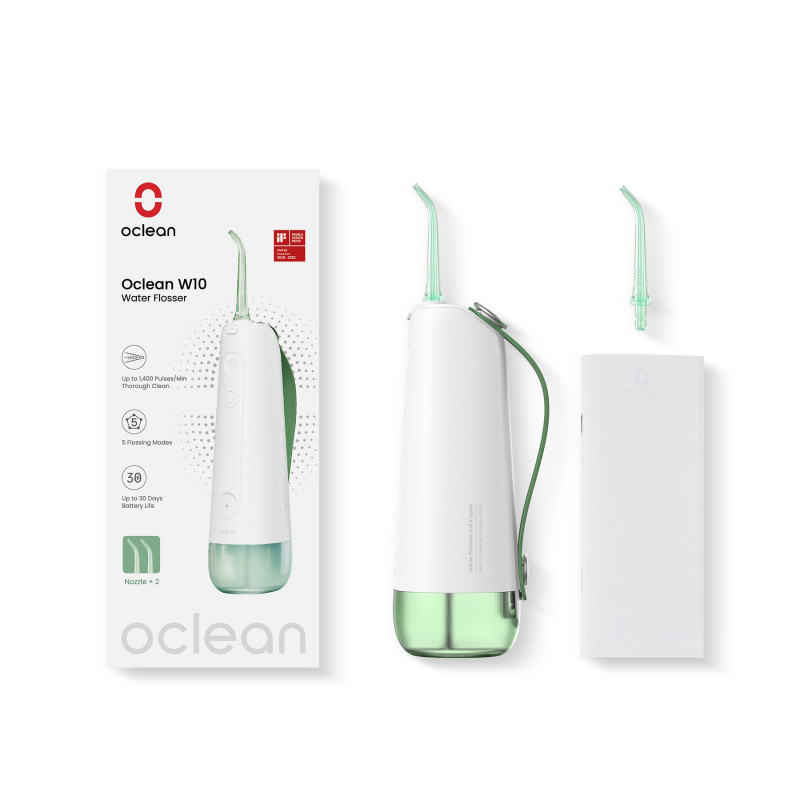 Fogászati zuhany Oclean W10, 5 üzemmód, 2 fúvóka, 200 ml, 1400 impulzus percenként, IPX7, USB-C, zöld