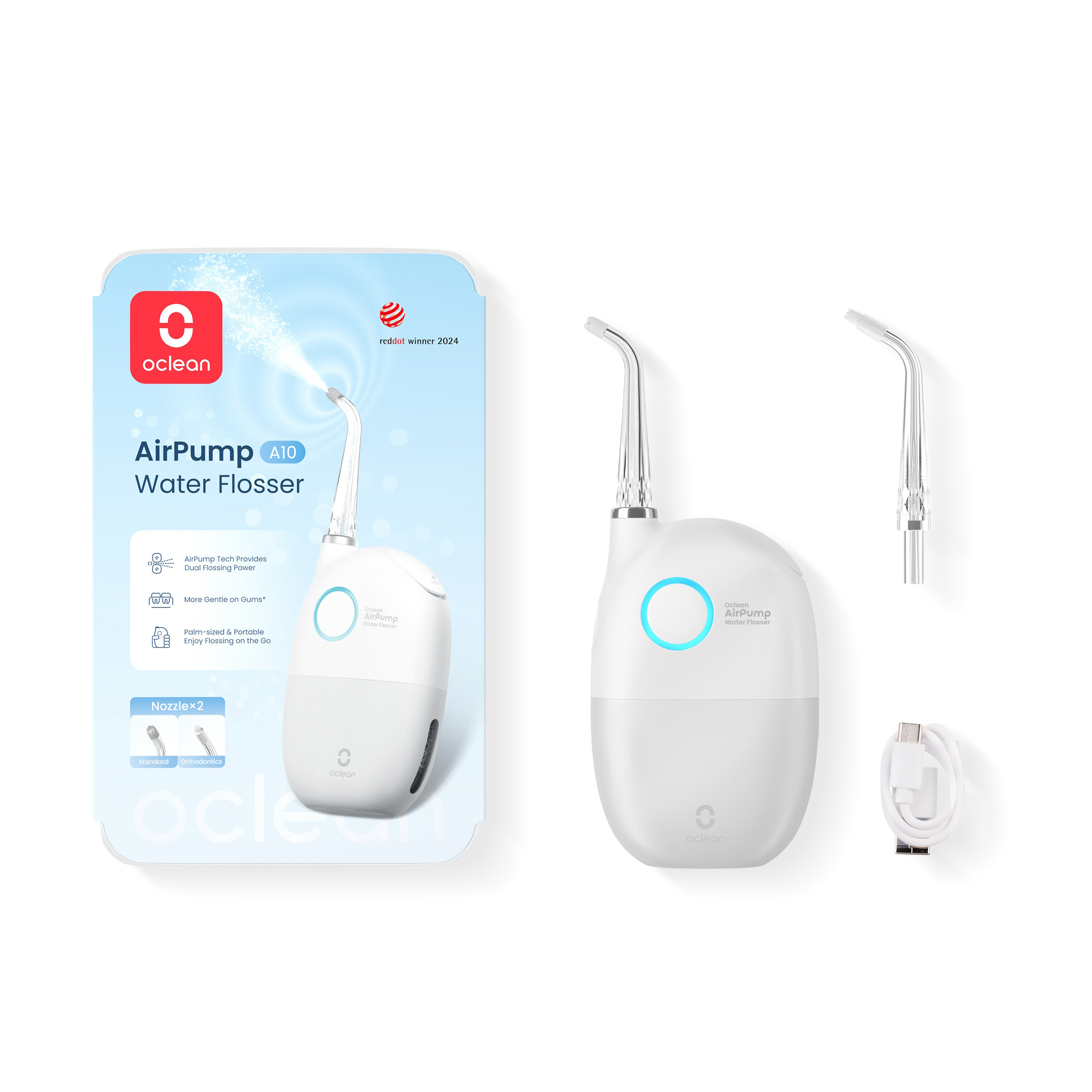 Зъбен душ Oclean AirPump A10, 3 режима, 2 накрайника, Автономия 40 дни, IPX7, USB-C, Зелен