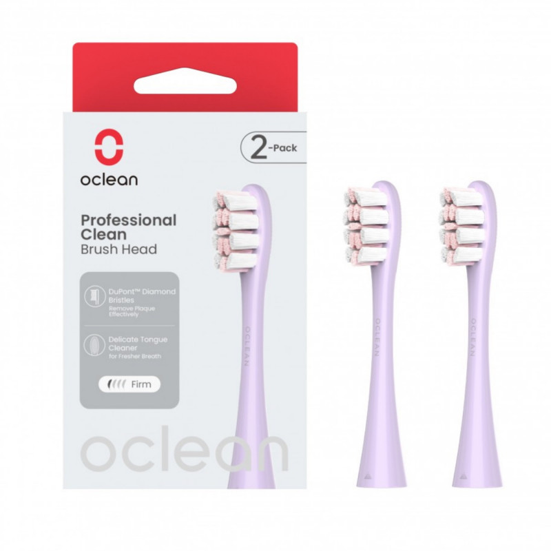 Set of 2 replacement brush heads for the Oclean Professional Clean electric toothbrush, Firm, DuPont bristles, Tongue care, Purple