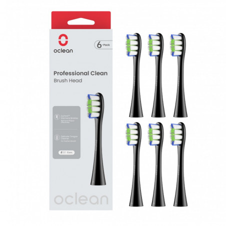 Комплект 6 бр резервни глави за електрическа четка за зъби Oclean Professional Clean Brush Head, Твърда, DuPont влакна, Грижа за езика, Черен