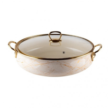 Κουζίνα Goldmann GM 8040-26B, 26 cm, 4l, Εμαγιέ ατσάλι, Γυάλινο καπάκι, Επαγωγή, Λευκό/χρυσό