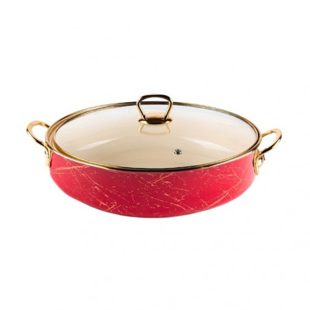 Κουζίνα Goldmann GM 8040-26R, 26 cm, 4l, Εμαγιέ ατσάλι, Γυάλινο καπάκι, Επαγωγή, Κόκκινο/χρυσό