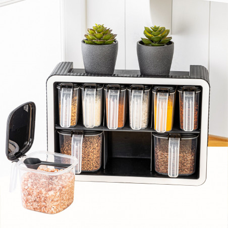 Комплект 10 бр бурканчета за подправки с поставка Hermia BNM-9516 964FRM5627, Пластмаса, Бял