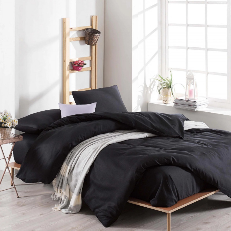 Set lenjerie de pat EnLora Home 162ELR1406, 65% bumbac, 35% poliester, 4 piese, Cearsaf 200x220 cm, Cearsaf 220x240 cm, Fete de perne 50x70 cm, Negru