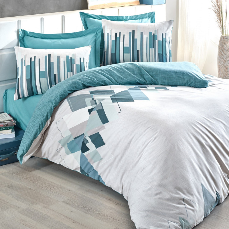 Lenjerie de pat Cotton Box 129CTN2373, 100% bumbac, Cearsaf pat 160x220 cm, Cearsaf plapuma 160x240 cm, Fata de perna 50x70 cm, Alb/Verde