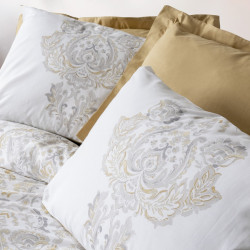 Set lenjerie de pat Cotton Box 129CTN4458, 100% bumbac, 4 piese, Cearsaf plapumă 200x220 cm, Cearsaf pat 240x260 cm, Fata de perna 50x70 cm, Gri/Mustar