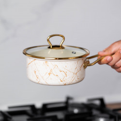 Goldmann GM 4521-16B Casserole with Glass Lid, 16x8 cm, 1.5 L, Enamel, Induction, White/Antique Gold