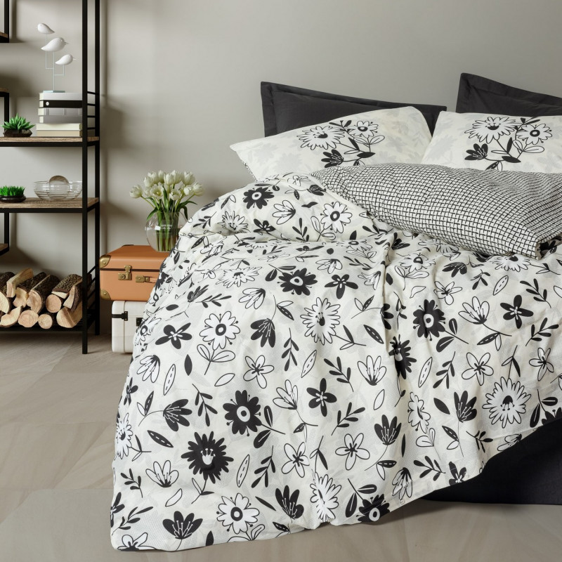 Σετ κλινοσκεπασμάτων Cotton Box 129CTN4831, 100% βαμβάκι, 4 τεμάχια, κάλυμμα 200x220 cm, σεντόνι 240x260 cm, μαξιλαροθήκη 50x70 cm, λευκό/μαύρο