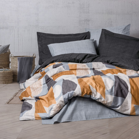 Lenjerie de pat Cotton Box 129CTN4490, 100% bumbac, 4 piese, Cearsaf plapuma 200x220 cm, Cearsaf pat 240x260 cm, Fata de perna 50x70 cm, Gri/Portocaliu