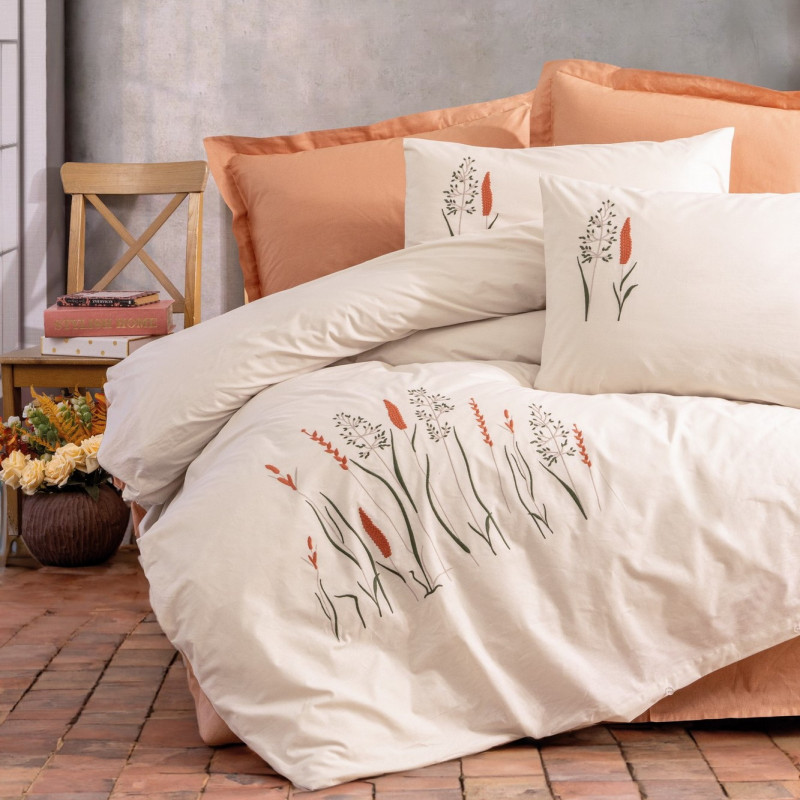 Спален комплект Cotton Box 129CTN4428, 100% памук, 6 части, Завивка 200х220 см, Чаршаф 240х260 см, Калъфка 50х70 см, Екрю/оранжев