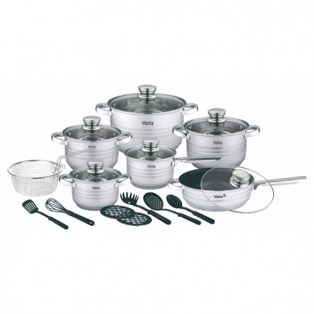 Set oale cu capac Oliver Voltz OV51210R20B, 20 piese, Fund multistrat, Inductie, Otel inoxidabil, Ustensile, Argintiu