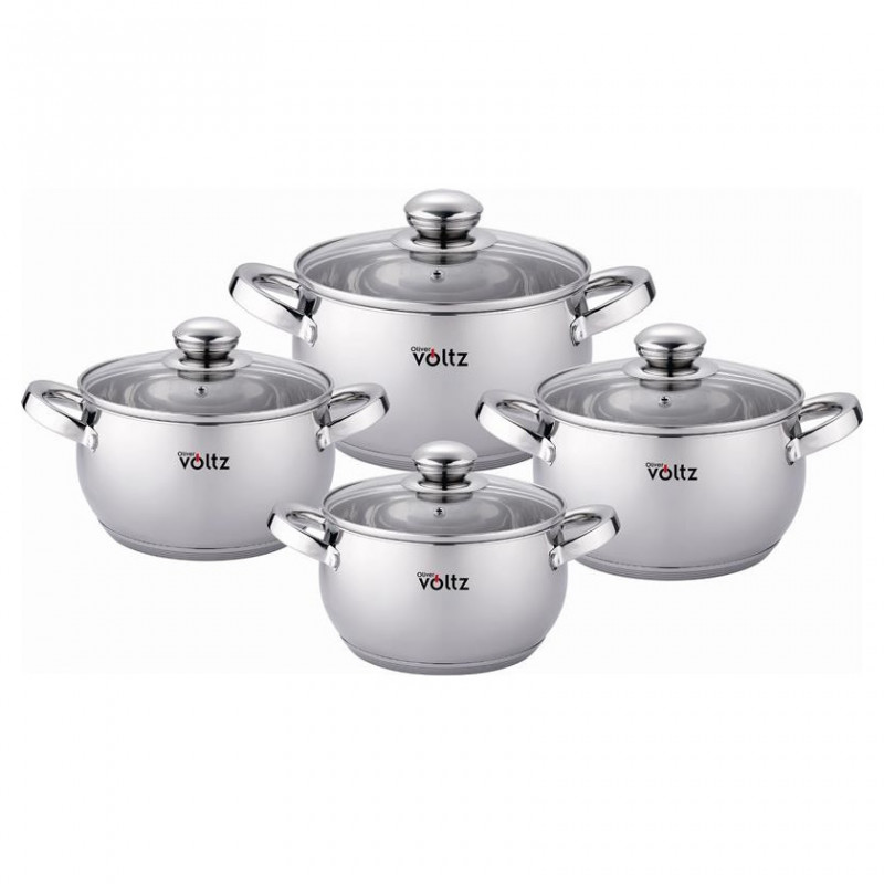 Σετ κατσαρόλας Oliver Voltz OV51210G8B, 8 τεμαχίων, πολυστρωματικός πυθμένας, επαγωγής, ανοξείδωτο ατσάλι, ασημί