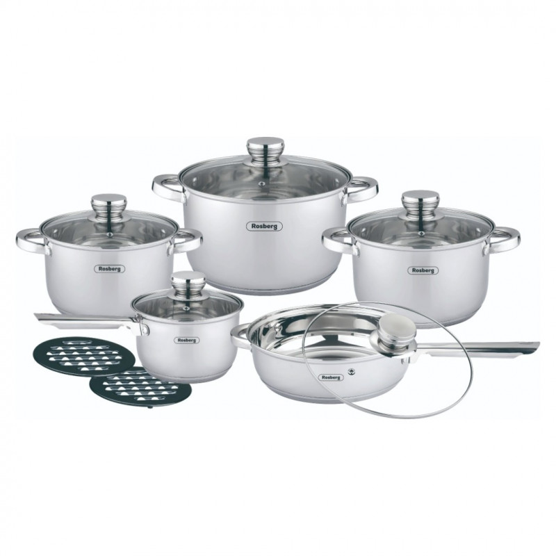 Set oale si tigaie Rosberg R51210L12BM, 12 piese, Fund multistrat, Otel inoxidabil, Argintiu