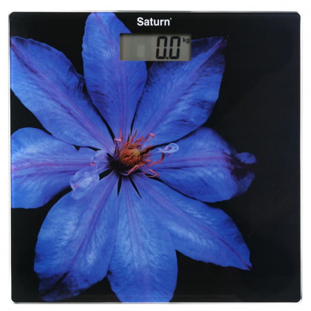 Кантар Saturn ST-PS0287, До 150 кг, LCD дисплей, Kg/Lb, Индикатори за батерия и претоварване, Закалено стъкло, Черен/лилав