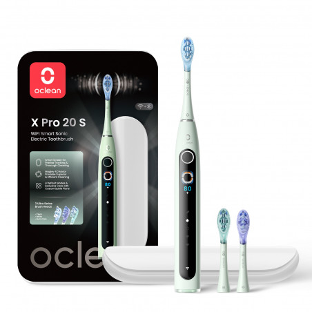 Електрическа четка за зъби Oclean X Pro 20 Set, AI, Maglev 4.0, 84000 об/мин, Wi-Fi, FlexFit, IPX7, Сигнал при пропусната зона, 40 дни автономност, Калъф, Зелен