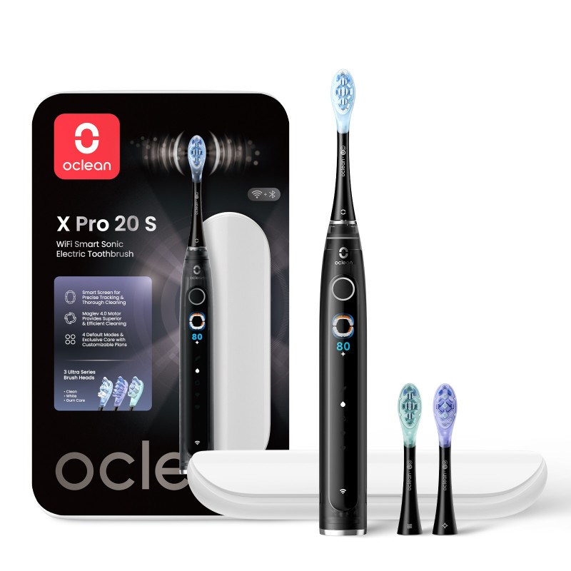Електрическа четка за зъби Oclean X Pro 20 Set, AI, Maglev 4.0, 84000 об/мин, Wi-Fi, FlexFit, IPX7, Интелигентна аларма при пропусната зона, 40 дни автономност, Калъф, Черен