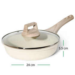 Tigaie Just Perfecto JL-41, 24 cm, Capac din sticla, Acoperire marmura, Fara PFAS, Inductie, Bej