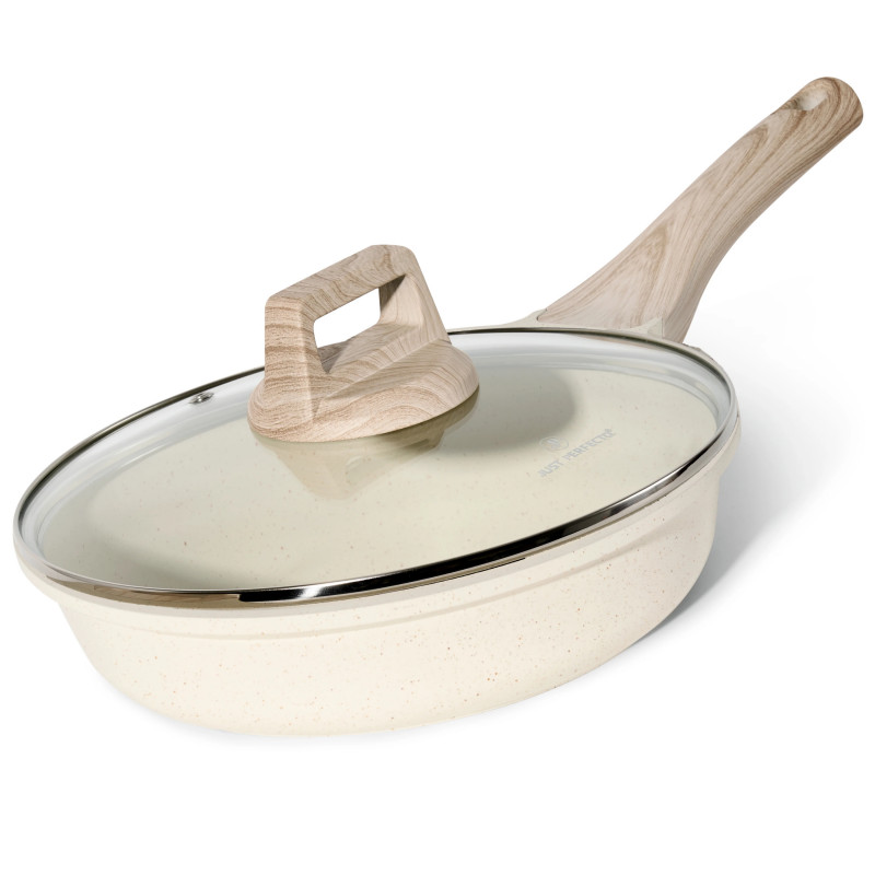 Τηγάνι Just Perfecto JL-41, 24 cm, Γυάλινο καπάκι, Μαρμάρινη επίστρωση, Χωρίς PFAS, Επαγωγή, Μπεζ