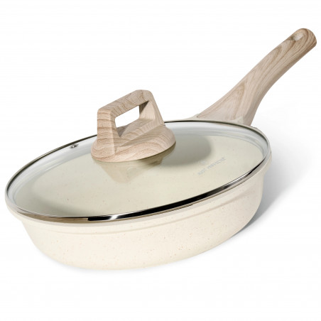 Τηγάνι Just Perfecto JL-41, 24 cm, Γυάλινο καπάκι, Μαρμάρινη επίστρωση, Χωρίς PFAS, Επαγωγή, Μπεζ