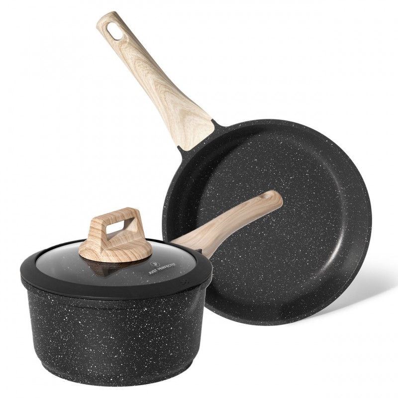 Just Perfecto JL-43 Frying Pan and Casserole Set, 2-Piece, Marble Coating, PFOA- and PFAS-Free, Glass Lid, Induction Compatible, Black