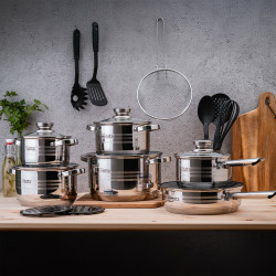 Set oale cu capac Oliver Voltz OV51210R20B, 20 piese, Fund multistrat, Inductie, Otel inoxidabil, Ustensile, Argintiu