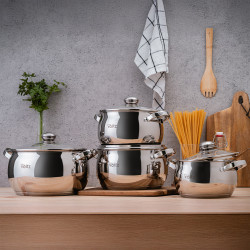 Комплект съдове Oliver Voltz OV51210G8B, 8 части, Многослойно термо дъно, Неръждаема стомана, Сребрист