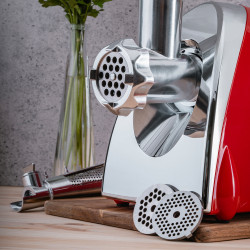 Masina de tocat carne cu accesoriu pentru rosii Oliver Voltz OV51991A, 1400W, Functie invers, Accesoriu sos si Kubbe, Rosu