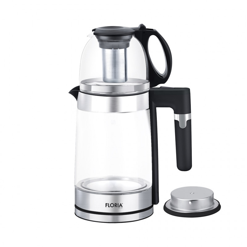Ceainic electric pentru ceai turcesc Floria ZLN1757, 1500W, 1.8+1.2 l, Infuzor, Sticlă borosilicată, Negru