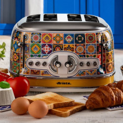 Τοστιέρα ψωμιού Ariete Positano 0156/0P, 1600W, 4 φέτες, 3 λειτουργίες, 6 στάδια, Κινητός δίσκος για ψίχουλα, Λευκό/κίτρινο
